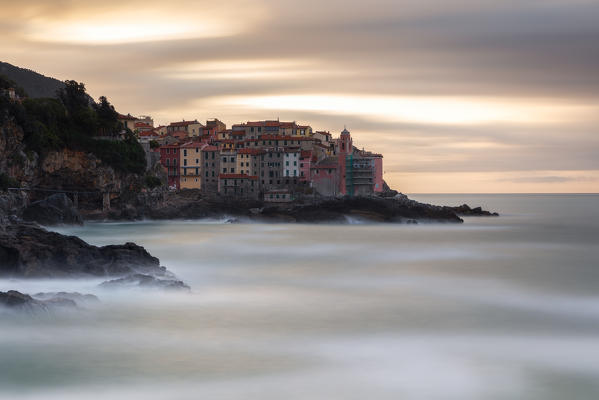 Long exposure at dawn on the village of Tellaro, municipality of Lerici, La Spezia province, Liguria district, Italy, Europe
