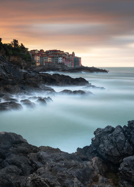 Long exposure at dawn on the village of Tellaro, municipality of Lerici, La Spezia province, Liguria district, Italy, Europe
