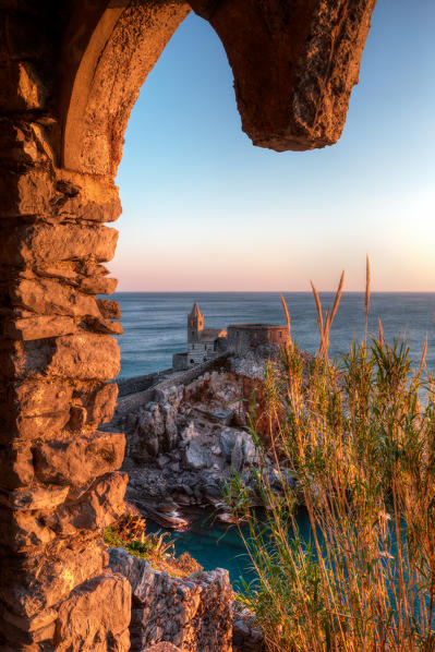 A glimpse at sunset on the San Pietro Church, municipality of Portovenere, La Spezia province, Liguria, Italy, Europe
