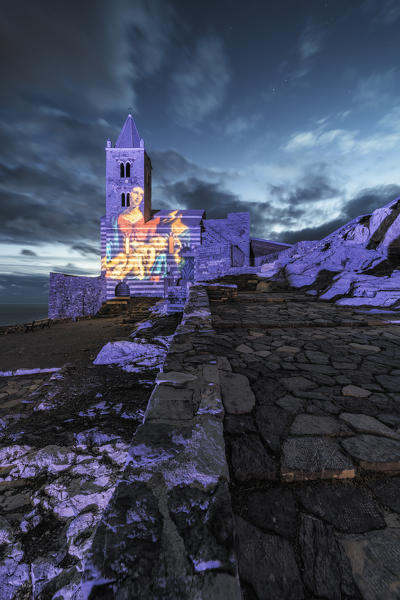 Church of San Pietro illuminated for the Christmas period, municipality of Portovenere, La Spezia province, Liguria, Italy, Europe