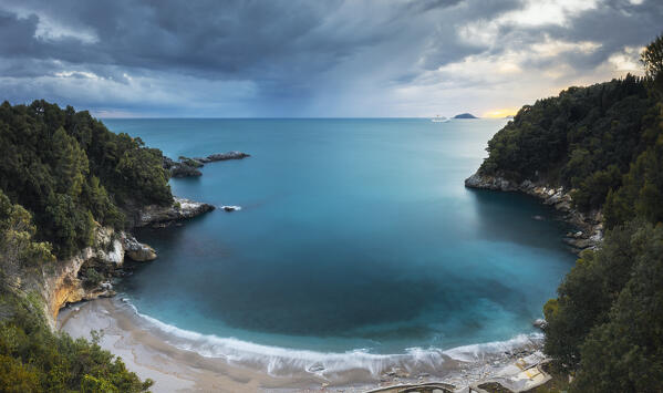 Panoramic on a cloudy day on the beach of Eco del Mare, Tellaro, municipality of Lerici, La Spezia province, Liguria district, Italy, Europe