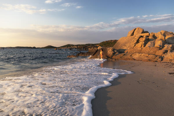 Sunset on the beach of Bassa Trinita, Cala Trinita, La Maddalena island, Sassari province, Sardinia, Italy, Europe.

