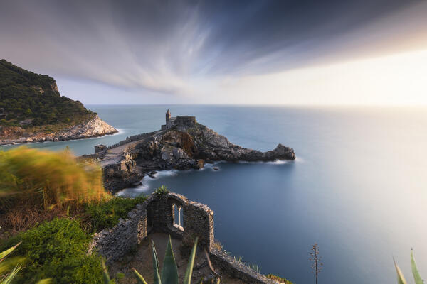 Long exposure during a sunset with epic light on the San Pietro Church, municipality of Portovenere, La Spezia province, Liguria, Italy, Europe