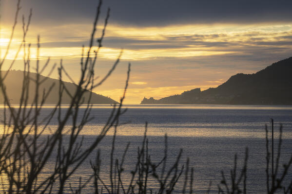 Sunset on the Gulf of Poets, Portovenere on the horizon taken from Lerici, La Spezia province, Liguria, Italy, Europe
