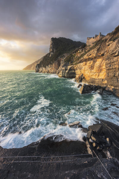 Sea storm at sunset in Byron's Cave, municipality of Portovenere, La Spezia province, Liguria, Italy, Europe