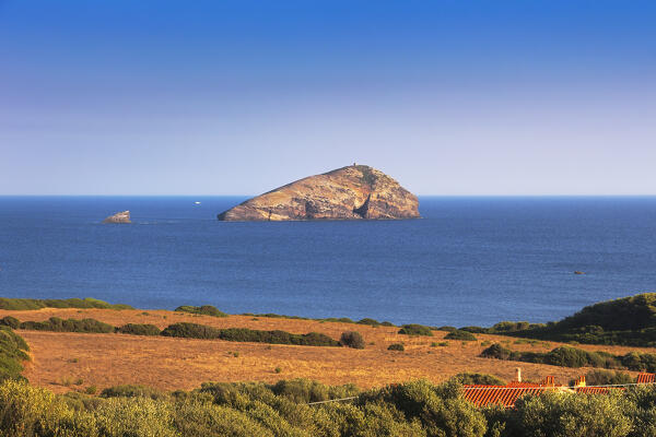 Panoramic view on the island La Vacca and the rock Il Vitello south of the island of Sant'Antioco, Carbonia Iglesias province, Sardinia, Italy, Europe.
