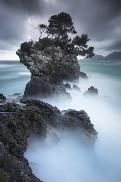 Long exposure on the Ligurian cliffs, Eco del Mare area, Fiascherino, municipality of Lerici, La Spezia province, Liguria district, Italy, Europe