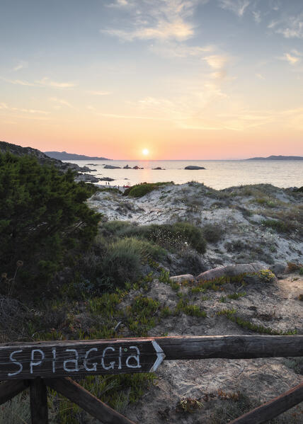 Sunset on the beach of Bassa Trinita, Cala Trinita, La Maddalena island, Sassari province, Sardinia, Italy, Europe.
