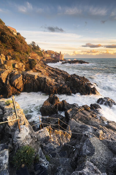 Sunset over the village of Tellaro, municipality of Lerici, La Spezia province, Liguria district, Italy, Europe