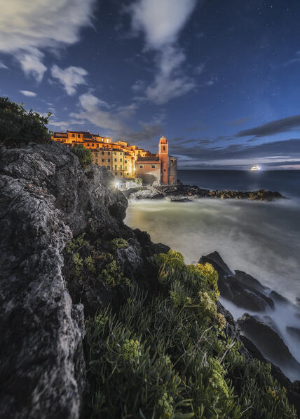 Night with a different perspective on the village of Tellaro. municipality of Lerici, La Spezia province, Liguria district, Italy, Europe

