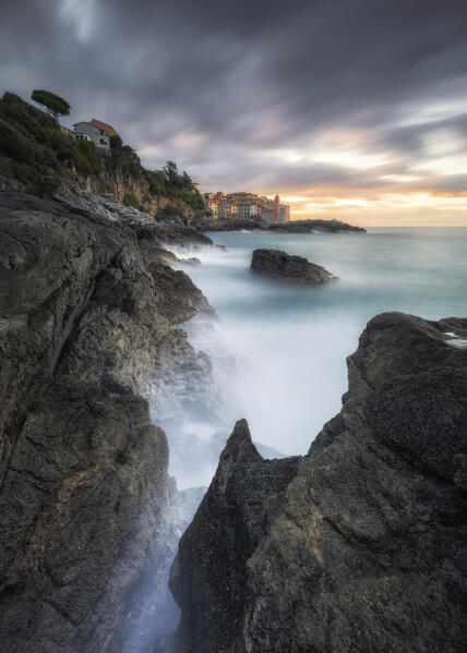 Long exposure at dawn on the cliff of Trigliano, village of Tellaro, municipality of Lerici, La Spezia province, Liguria district, Italy, Europe
