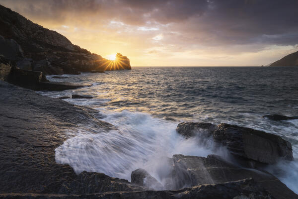 Sea storm at sunset in Byron's Cave, municipality of Portovenere, La Spezia province, Liguria, Italy, Europe