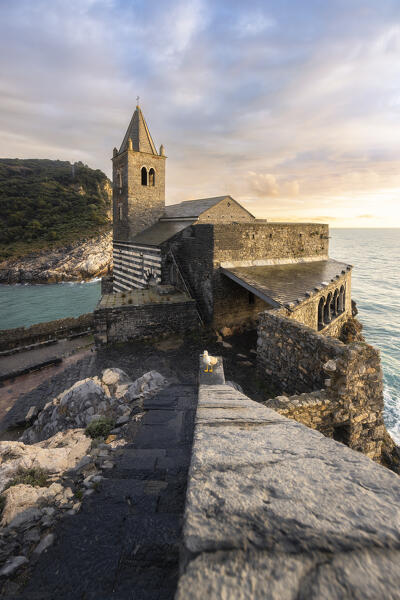 Sunset on the San Pietro Church, municipality of Portovenere, La Spezia province, Liguria, Italy, Europe