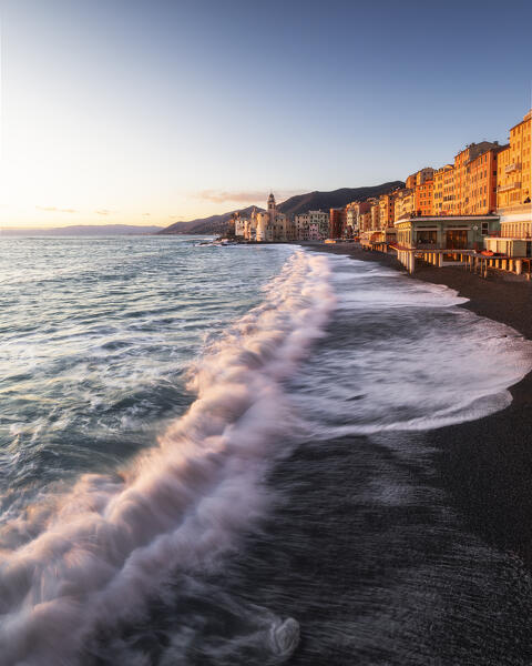 Storm at sunset on the beach of Camogli, municipality of Camogli, Genoa province, Liguria, Italy, Europe
