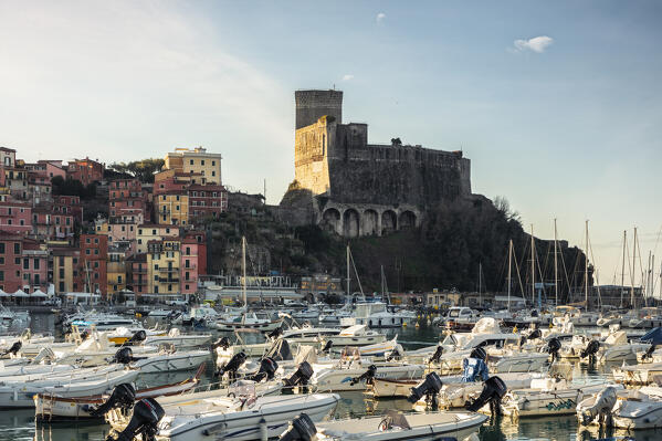 The castle of lerici illuminated by the lights of dawn, municipality of Lerici, La Spezia province, Liguria district, Italy, Europe
