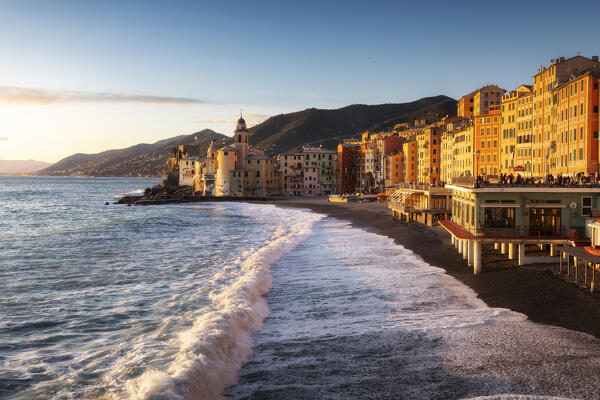 Storm at sunset on the beach of Camogli, municipality of Camogli, Genoa province, Liguria, Italy, Europe
