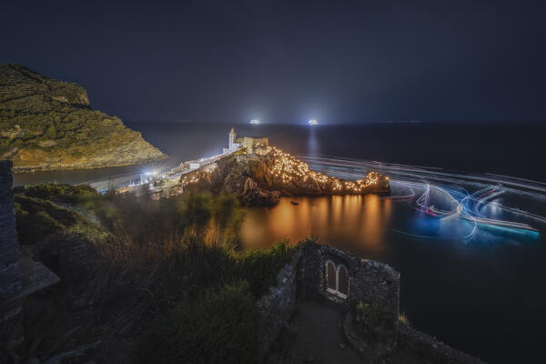 Night on the Church of Portovenere during the event of the Madonna Bianca, municipality of Portovenere, La Spezia province, Liguria, Italy, Europe