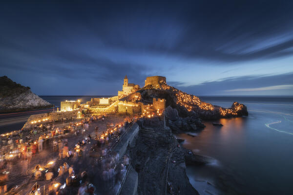 Night on the Church of Portovenere during the event of the Madonna Bianca, municipality of Portovenere, La Spezia province, Liguria, Italy, Europe