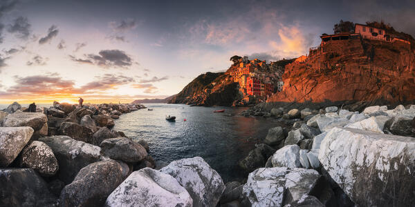 Panoramic at sunset on the Riomaggiore cliff, National Park of Cinque Terre, municipality of Riomaggiore, La Spezia province, Liguria district, Italy, Europe
