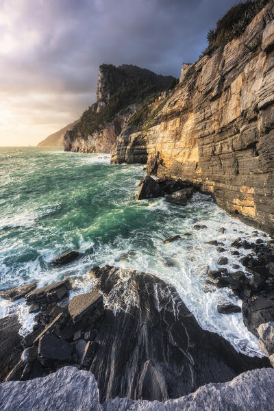 Sea storm at sunset in Byron's Cave, municipality of Portovenere, La Spezia province, Liguria, Italy, Europe