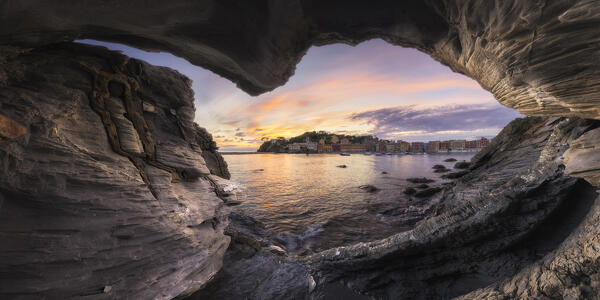 The sunset from the cave, Bay of Silence, municipality of Sestri Levante, Genoa province, Liguria, Italy, Europe