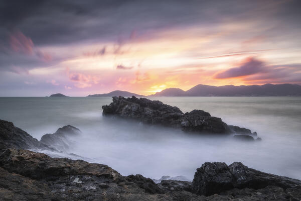 Long exposure at sunset in the Gulf of Poets on the Tellaro cliff, municipality of Lerici, La Spezia province, Liguria district, Italy, Europe