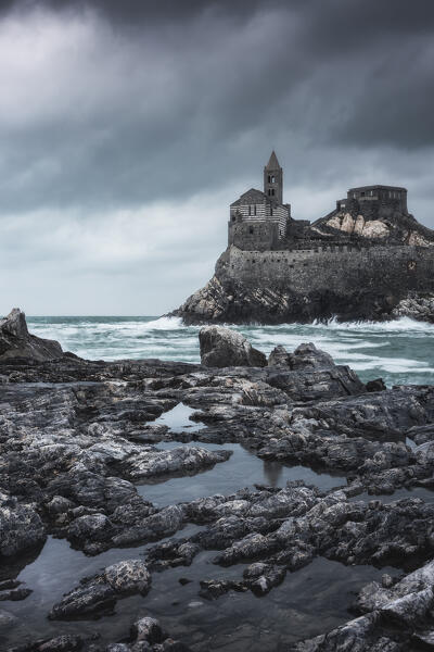 Church of San Pietro taken from the Palmaria island on a cloudy evening, municipality of Portovenere, La Spezia province, Liguria, Italy, Europe