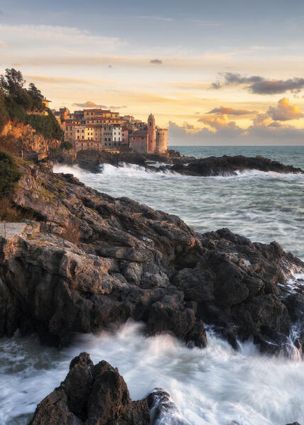 Sunset over the village of Tellaro, municipality of Lerici, La Spezia province, Liguria district, Italy, Europe