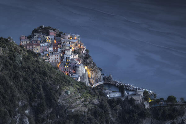 Village of Manarola at blue hour taken from Volastra, Cinque Terre National Park, municipality of Riomaggiore, La Spezia province, Liguria district, Italy, Europe