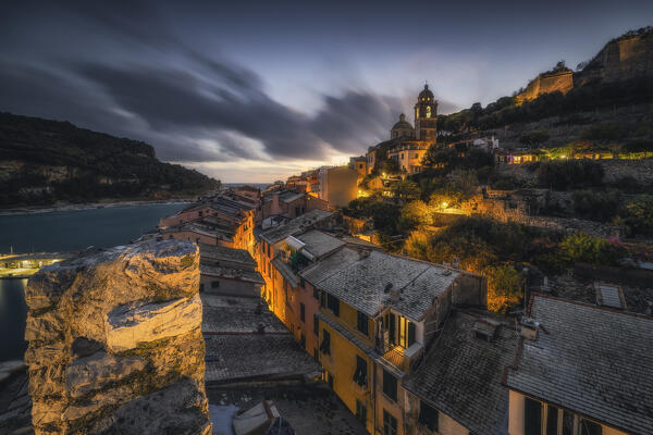 Night from the top of the Chapter Tower in Portovenere,  Unesco World Heritage Site, municipality of Porto Venere, La Spezia province, Liguria district, Italy, Europe
