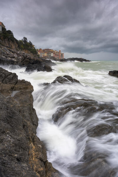 Rough sea on the cliff of Tellaro, municipality of Lerici, La Spezia province, Liguria district, Italy, Europe
