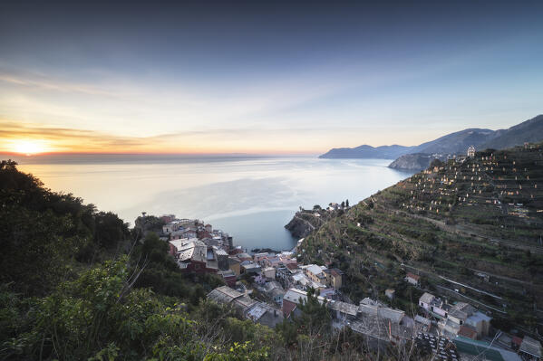 Sunset overlooking Manarola and its nativity scene, Cinque Terre National Park, municipality of Riomaggiore, La Spezia province, Liguria district, Italy, Europe