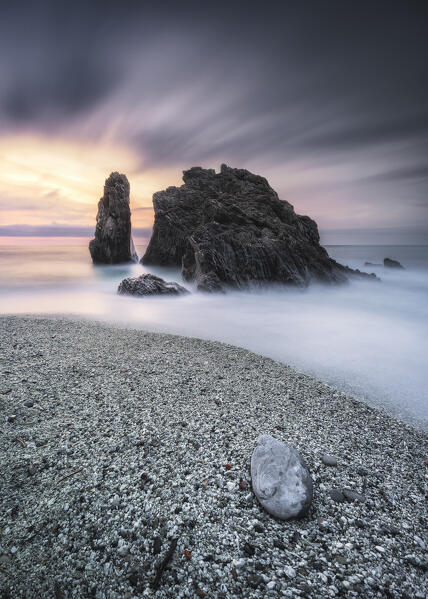 Sunrise on the beach of Monterosso al Mare, Cinque Terre National Park, municipality of Monterosso al Mare, La Spezia province, Liguria district, Italy, Europe
