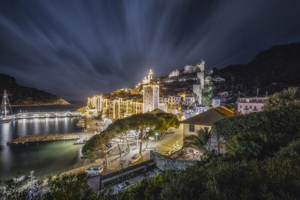 Night on the illuminated village for the festivities, Unesco World Heritage Site, municipality of Porto Venere, La Spezia province, Liguria district, Italy, Europe