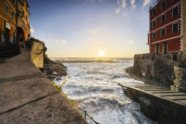 Storm surge at sunset on the small port of Riomaggiore, National Park of Cinque Terre, municipality of Riomaggiore, La Spezia province, Liguria district, Italy, Europe
