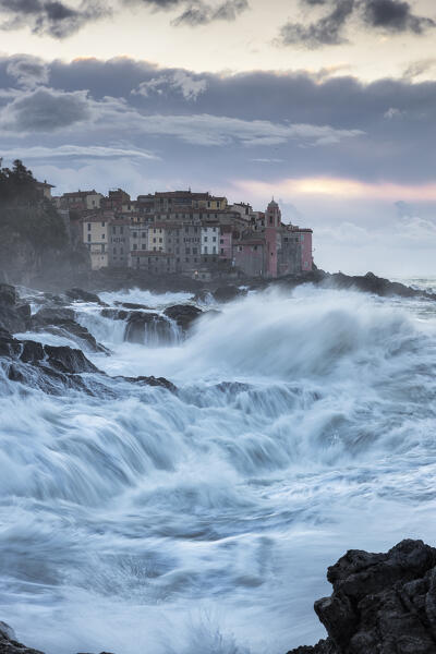 Rough sea at sunrise on the cliff of Tellaro, municipality of Lerici, La Spezia province, Liguria district, Italy, Europe
