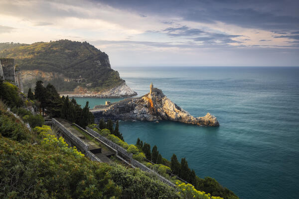 Sunrise on the San Pietro Church, municipality of Portovenere, La Spezia province, Liguria, Italy, Europe