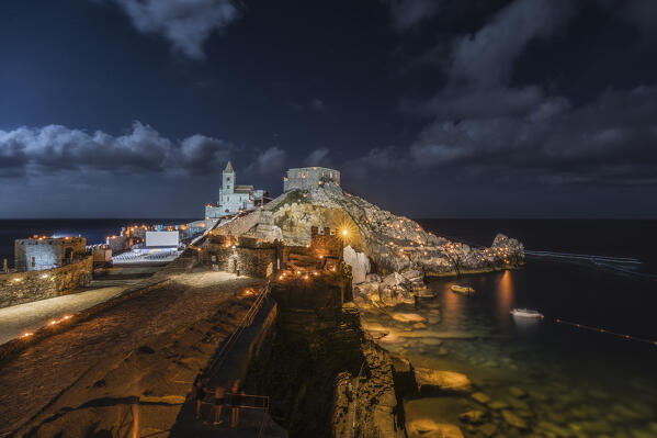 Night on the Church of Portovenere during the event of the Madonna Bianca, municipality of Portovenere, La Spezia province, Liguria, Italy, Europe