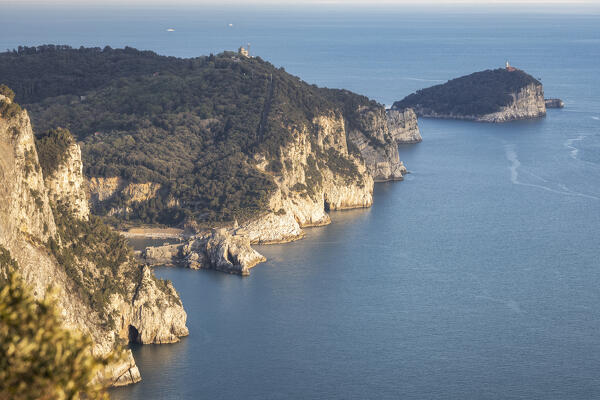 Shot at sunset with telephoto lens on the San Pietro Church, Palmaria island and Tino, municipality of Portovenere, La Spezia province, Liguria, Italy, Europe