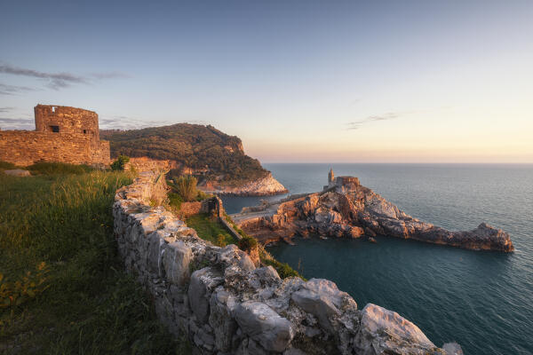 Sunset on the San Pietro Church from the terrace of the mills, municipality of Portovenere, La Spezia province, Liguria, Italy, Europe