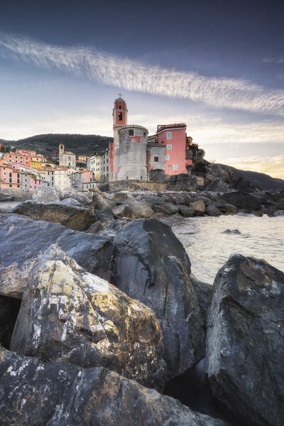 Sunrise over the village of Tellaro, municipality of Lerici, La Spezia province, Liguria district, Italy, Europe