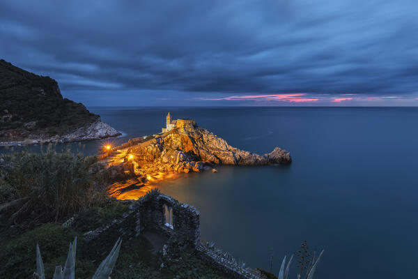 Long exposure in the evening on the church of San Pietro, municipality of Portovenere, La Spezia province, Liguria, Italy, Europe