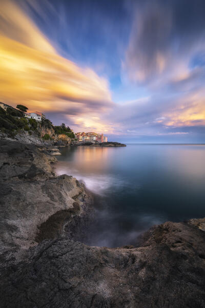 Long exposure at sunset on the cliff of Trigliano, village of Tellaro, municipality of Lerici, La Spezia province, Liguria district, Italy, Europe