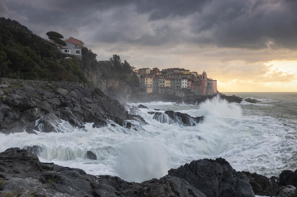 Rough sea at sunrise on the cliff of Tellaro, municipality of Lerici, La Spezia province, Liguria district, Italy, Europe
