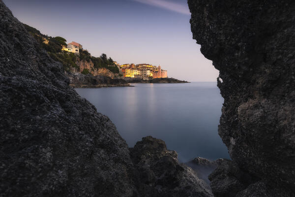 Long exposure at sunset on the cliff of Trigliano, village of Tellaro, municipality of Lerici, La Spezia province, Liguria district, Italy, Europe