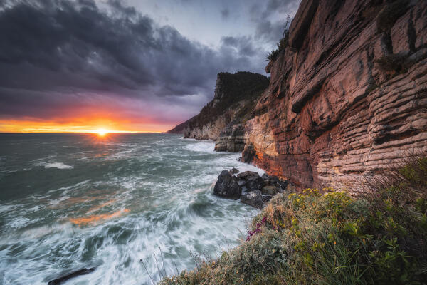 Sea storm at sunset in Byron's Cave, municipality of Portovenere, La Spezia province, Liguria, Italy, Europe