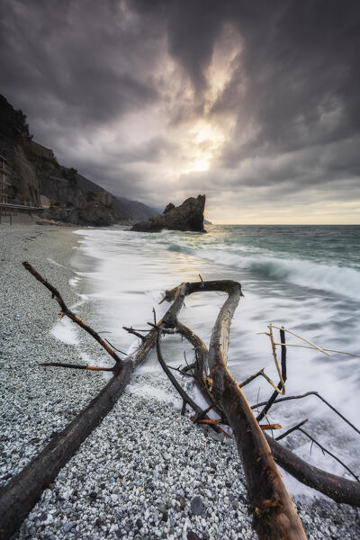 Sunrise on the beach of Monterosso al Mare, Cinque Terre National Park, municipality of Monterosso al Mare, La Spezia province, Liguria district, Italy, Europe
