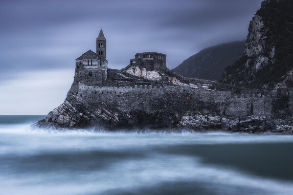 Church of San Pietro taken from the Palmaria island on a cloudy evening, municipality of Portovenere, La Spezia province, Liguria, Italy, Europe