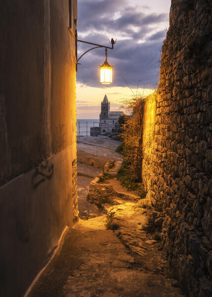 The view through the alleys of Portovenere, San Pietro Church , municipality of Portovenere, La Spezia province, Liguria, Italy, Europe