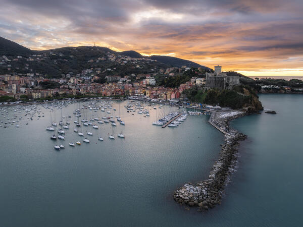 Aerial shot at down over the town of Lerici and the Castle, municipality of Lerici, La Spezia province, Liguria district, Italy, Europe